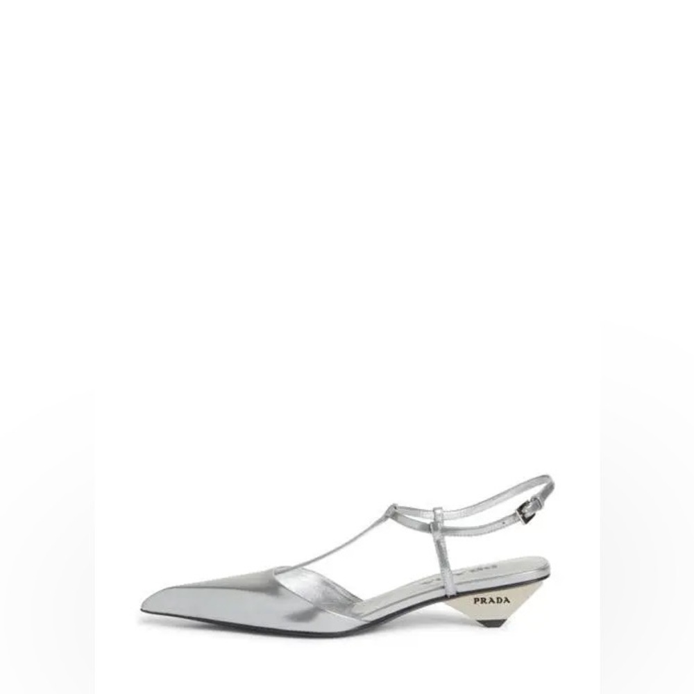 Prada Metallic Grey leather Modellerie Pointed Toe Kitten Heel Pump EU 39.5